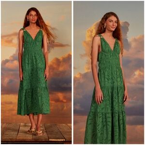 NWT, FARM RIO, Green Monstera Corset Eyelet Tiered Maxi Dress